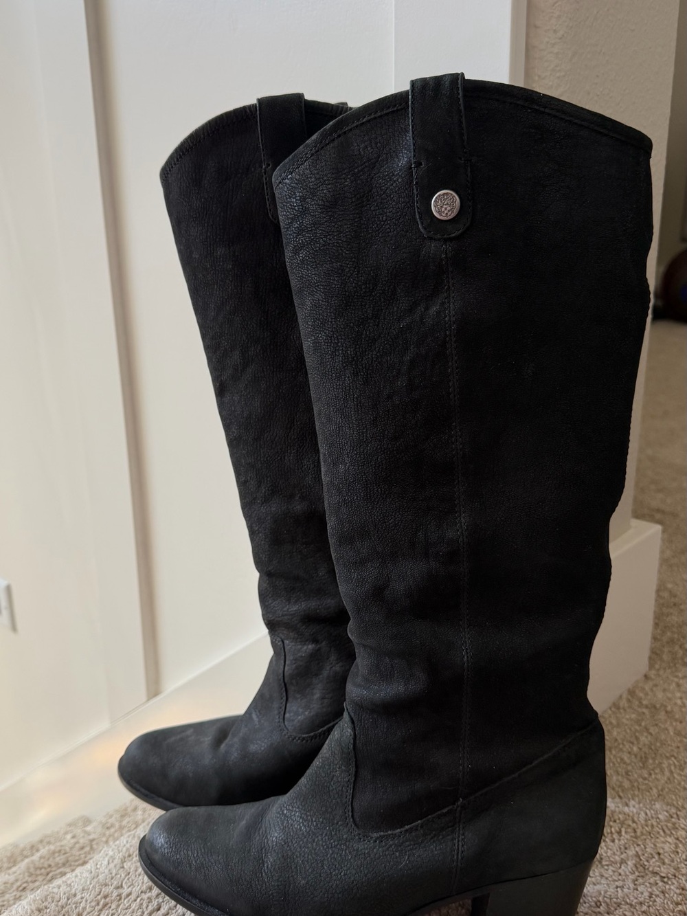 Vince Camuto Wide Calf Black Knee-High Leather Heeled Boots